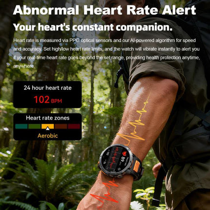 MT68 Outdoor Adventure Smart Watch with 1000mAh Battery displaying heart rate alert in outdoor setting.