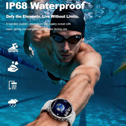 MT68 Outdoor Adventure Smart Watch with 1000mAh Battery showcasing its IP68 waterproof feature in a swimming pool.