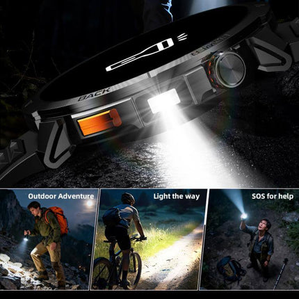 MT68 Outdoor Adventure Smart Watch with 1000mAh Battery showing features for outdoor use, including flashlight and SOS functionality.