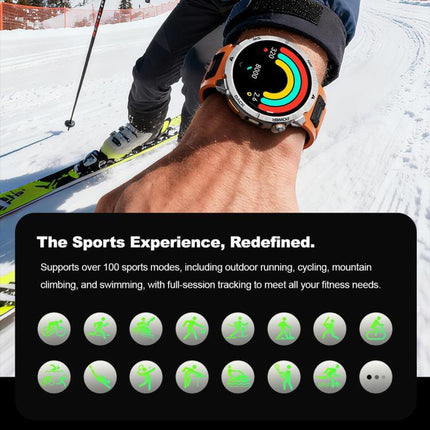 MT68 Outdoor Adventure Smart Watch with 1000mAh Battery showing sports tracking modes on a skier's wrist.