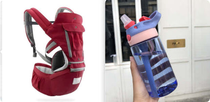Multi-functional Baby Waist Stool Carrier in red fabric alongside a water bottle for convenient outings.