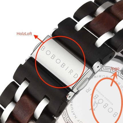 Close-up view of the Multi-functional Literary Young Men's Wooden Luminous Watch featuring BOBOBIRD logo and HolzLoft clasp.