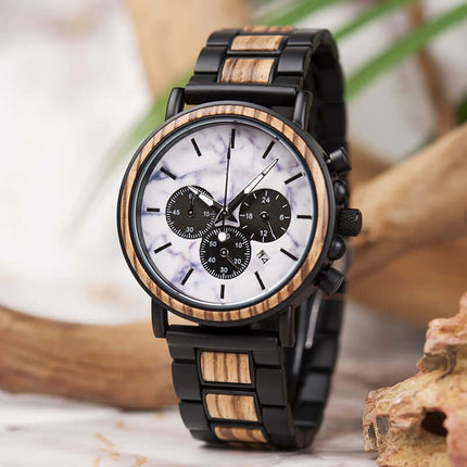 Multi-functional Literary Young Men's Wooden Luminous Watch featuring a stylish black and wood design.