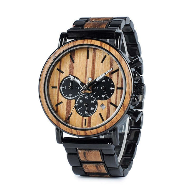Multi-functional Literary Young Men's Wooden Luminous Watch featuring a stylish wooden dial and black wristband.