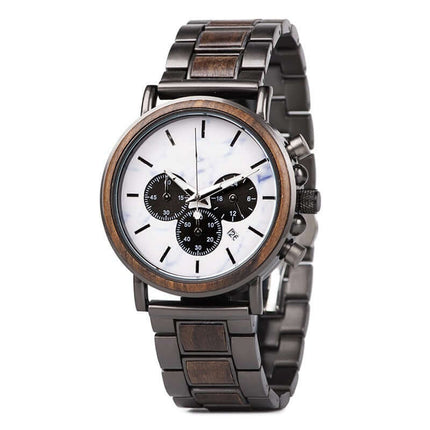 Multi-functional Literary Young Men's Wooden Luminous Watch with black and white dial and stylish wood detailing.
