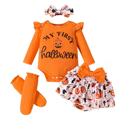Kids Long Sleeve Romper Shorts Socks Set with Halloween theme including an orange bodysuit and patterned skirt.