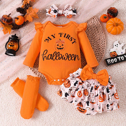 Kids Long Sleeve Romper Shorts Socks Set featuring an orange Halloween theme with pumpkin prints.