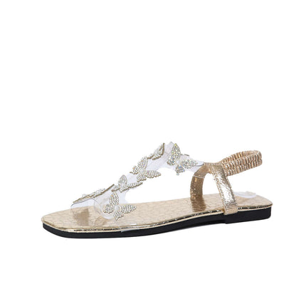 New Butterfly Rhinestone Summer Square Toe Flat Sandals Premium Decorative Finish