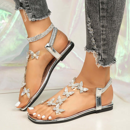 New Butterfly Rhinestone Summer Square Toe Flat Sandals Stylish Summer Footwear