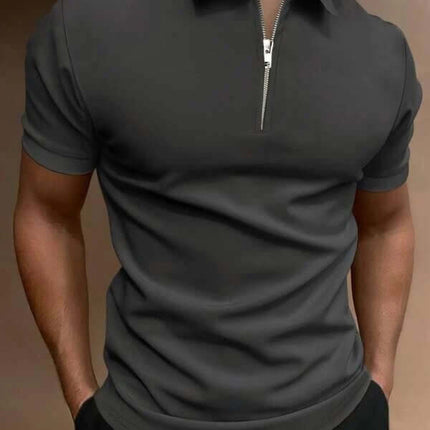 New Men's Casual Short Sleeve Digital Print POLO Shirt in dark gray with a zippered collar.