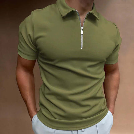 New Men's Casual Short Sleeve Digital Print POLO Shirt in olive green with a zipper collar.