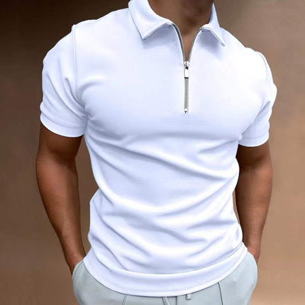 New Men's Casual Short Sleeve Digital Print POLO Shirt in white, featuring a zip-up collar for a stylish look.
