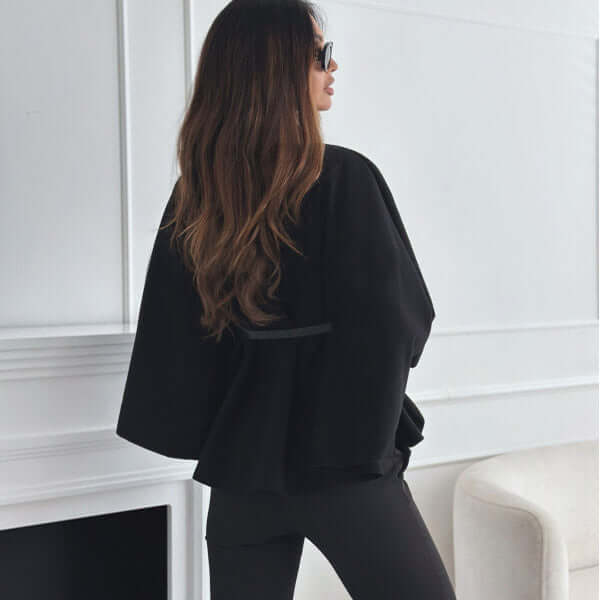 New Stand Collar Batwing Sleeves Cloak Top structured high-profile stand collar detail demonstrating clean industrial collar seams