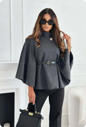 New Stand Collar Batwing Sleeves Cloak Top minimalist chic autumn apparel outerwear option draped flawlessly over mannequin