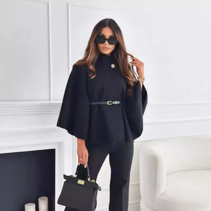 New Stand Collar Batwing Sleeves Cloak Top timeless black variation hanging gracefully under high-end showroom lights