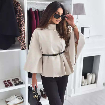 New Stand Collar Batwing Sleeves Cloak Top warm luxury apricot layout showcasing comfortable woolen textile weaves