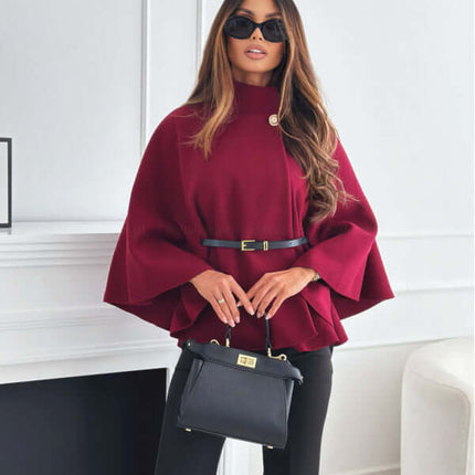 New Stand Collar Batwing Sleeves Cloak Top gorgeous wine red color setup presenting fluid premium draping style