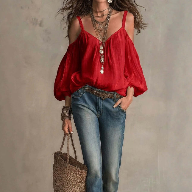 Off Shoulder Strapless Bubble Sleeved Resort Blouse in red worn with jeans and accessories.