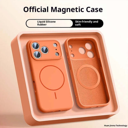 Fine Circle Magnetic Liquid Silicone Phone Case in orange, showcasing a soft, skin-friendly design.