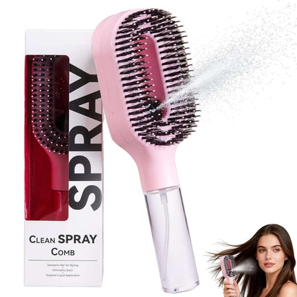 One-Click Spray Anti-Frizz Hair Brush with Boar Bristles in pink, showcasing a spray feature for frizz control.