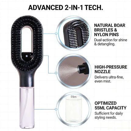 One-Click Spray Anti-Frizz Hair Brush with Boar Bristles features advanced 2-in-1 tech that enhances shine and detangling.