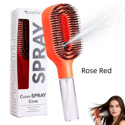 One-Click Spray Anti-Frizz Hair Brush with Boar Bristles in rose red color featuring a spray function for effortless styling.
