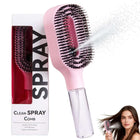 One-Click Spray Anti-Frizz Hair Brush with Boar Bristles next to its packaging, demonstrating spray feature on model's hair.