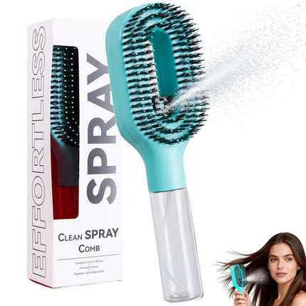 One-Click Spray Anti-Frizz Hair Brush with Boar Bristles and packaging on a white background.