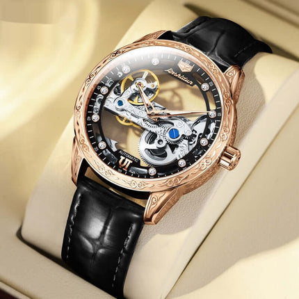 Openwork Mechanical Watch With Waterproof Leather Strap featuring a stylish black leather strap and intricate dial design.