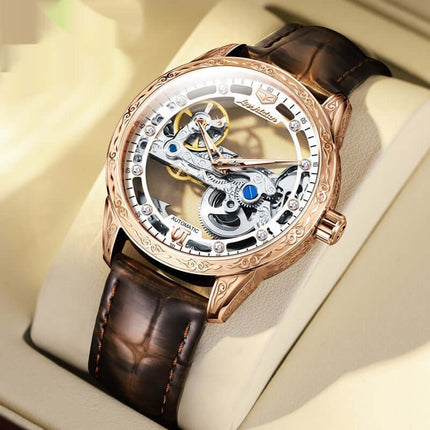 Openwork Mechanical Watch With Waterproof Leather Strap displayed on a cream cushion with a brown leather strap.