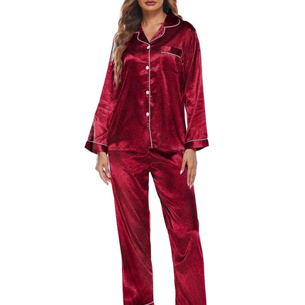 Pajamas Womens Long Sleeve Sleepwear Soft Button Loungewear red satin front view.