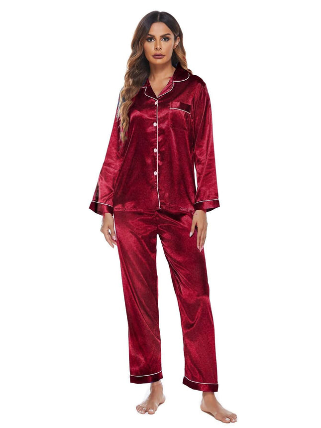 Pajamas Womens Long Sleeve Sleepwear Soft Button Loungewear red satin front view.