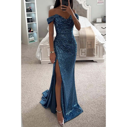 Party Sequins Off-neck Split Dress Casual Fashion Dress in blue sequins with a thigh-high slit and off-the-shoulder design.