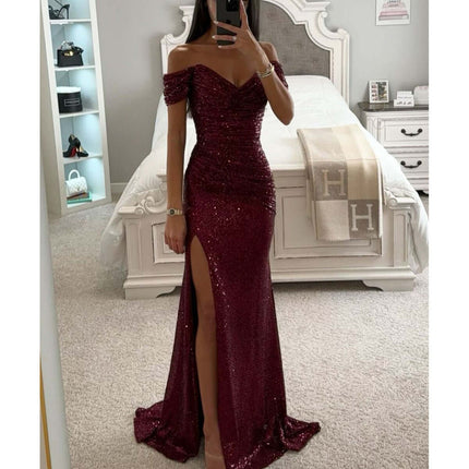 Party Sequins Off-neck Split Dress Casual Fashion Dress in burgundy with a thigh-high slit, model in a stylish bedroom setting.