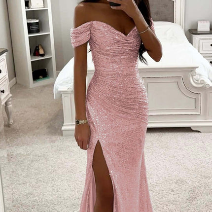 Party Sequins Off-neck Split Dress Casual Fashion Dress worn by a model in a mirror selfie, showcasing the elegant design.