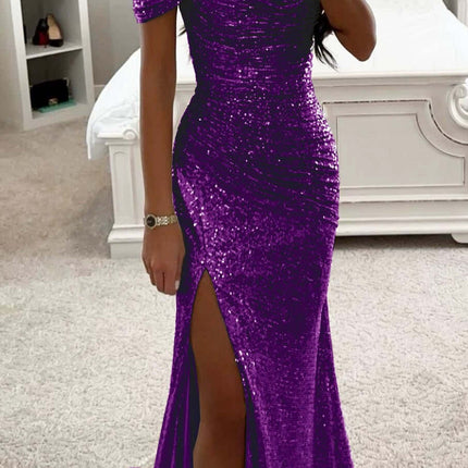 Party Sequins Off-neck Split Dress Casual Fashion Dress in purple with a thigh-high slit