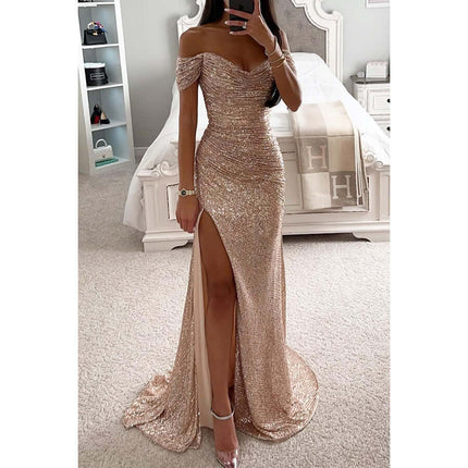 Party Sequins Off-neck Split Dress Casual Fashion Dress in shimmering rose gold with thigh-high slit.