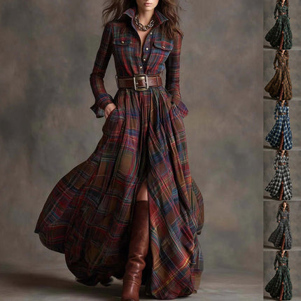 Plaid Shirt Dress Long Sleeve retro style fashion.