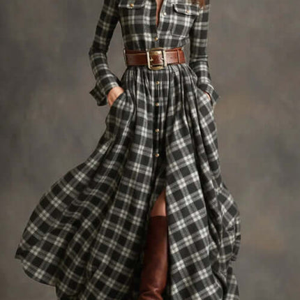 Plaid Shirt Dress Long Sleeve with pockets front view.
