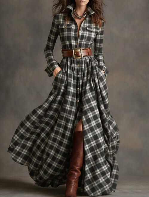 Plaid Shirt Dress Long Sleeve with pockets front view.