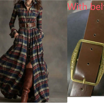 Plaid Shirt Dress Long Sleeve classic lapel neck.