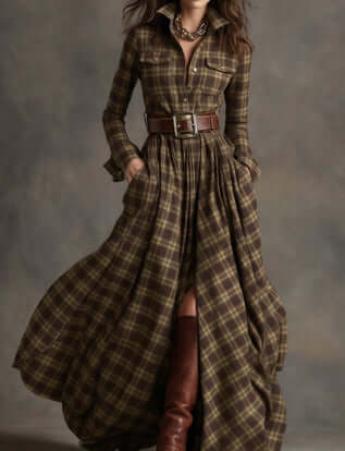 Plaid Shirt Dress Long Sleeve classic lapel neck