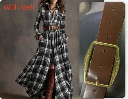Plaid Shirt Dress Long Sleeve button down collar design.