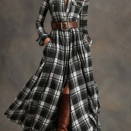 Plaid Shirt Dress Long Sleeve maxi length for women.