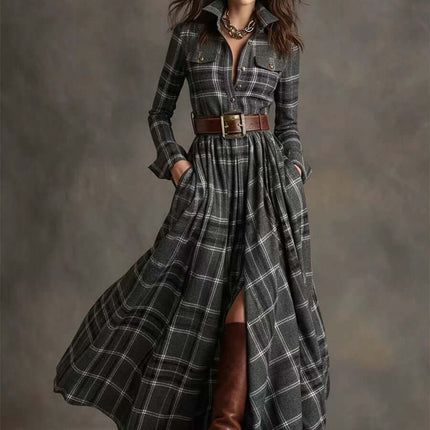 Plaid Shirt Dress Long Sleeve polyester fabric texture.