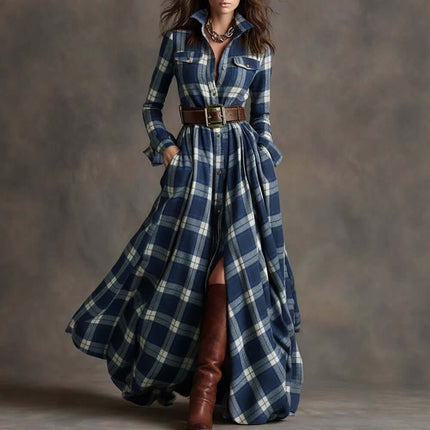 Plaid Shirt Dress Long Sleeve casual street wear outfit.