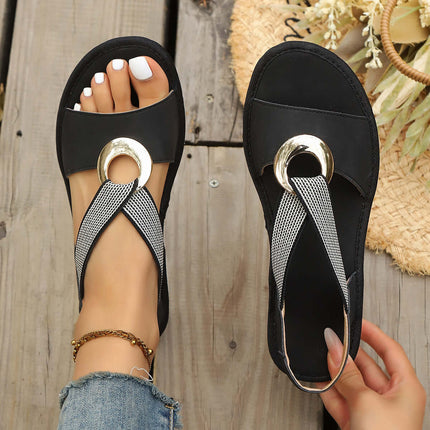 Plus Size Fish Mouth Wedge Sandals Flat Sole Elastic Strap with decorative gold hoop.
