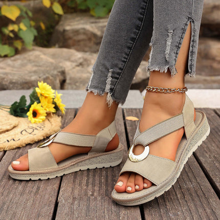 Plus Size Fish Mouth Wedge Sandals Flat Sole Elastic Strap worn with casual outfit, featuring a stylish design and flat sole.