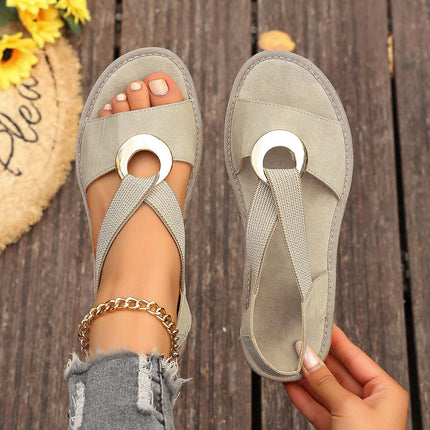 Plus Size Fish Mouth Wedge Sandals Flat Sole Elastic Strap in light grey with stylish circular accent.