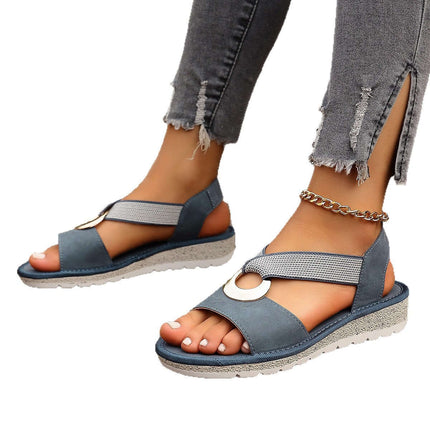 Plus Size Fish Mouth Wedge Sandals Flat Sole Elastic Strap displayed on a model's feet, featuring a stylish design and comfortable fit.
